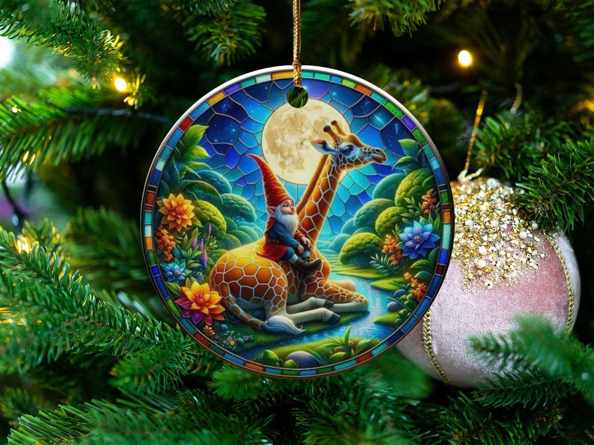 Whimsical Gnome And Giraffe Ornament,Mystical Garden Scene, Nature Lovers Gift,Christmas Decoration, Holiday Gift Idea, Gift Exchange