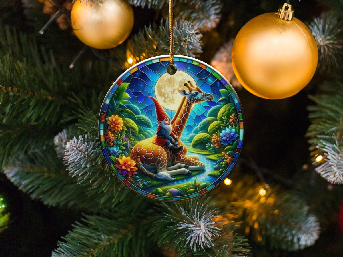 Whimsical Gnome And Giraffe Ornament,Mystical Garden Scene, Nature Lovers Gift,Christmas Decoration, Holiday Gift Idea, Gift Exchange
