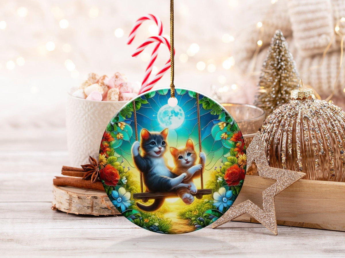 Christmas 2024 Ornament, Christmas Decoration, Holiday Gift Idea, Heirloom Keepsake, Round Ceramic, Gift Exchange, Cats Lover Gift
