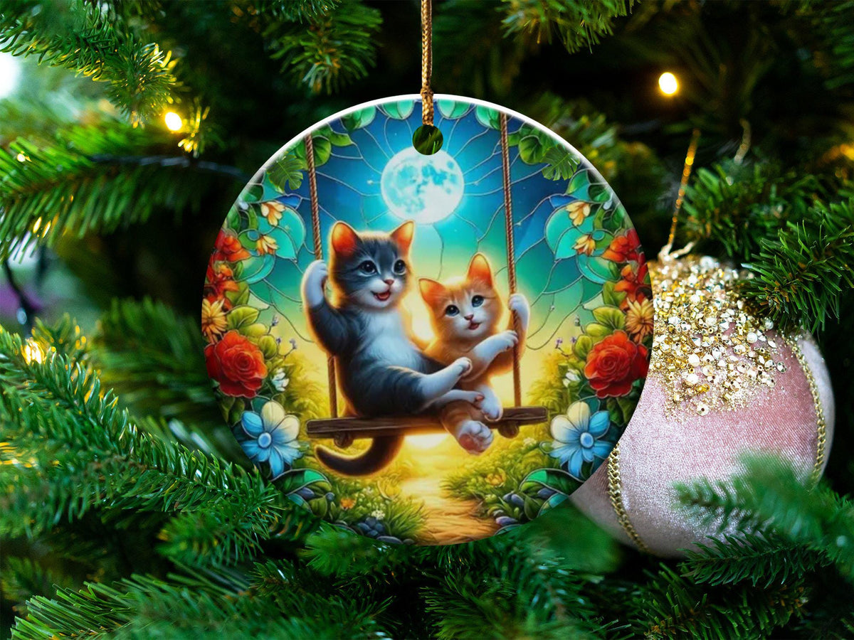 Christmas 2024 Ornament, Christmas Decoration, Holiday Gift Idea, Heirloom Keepsake, Round Ceramic, Gift Exchange, Cats Lover Gift