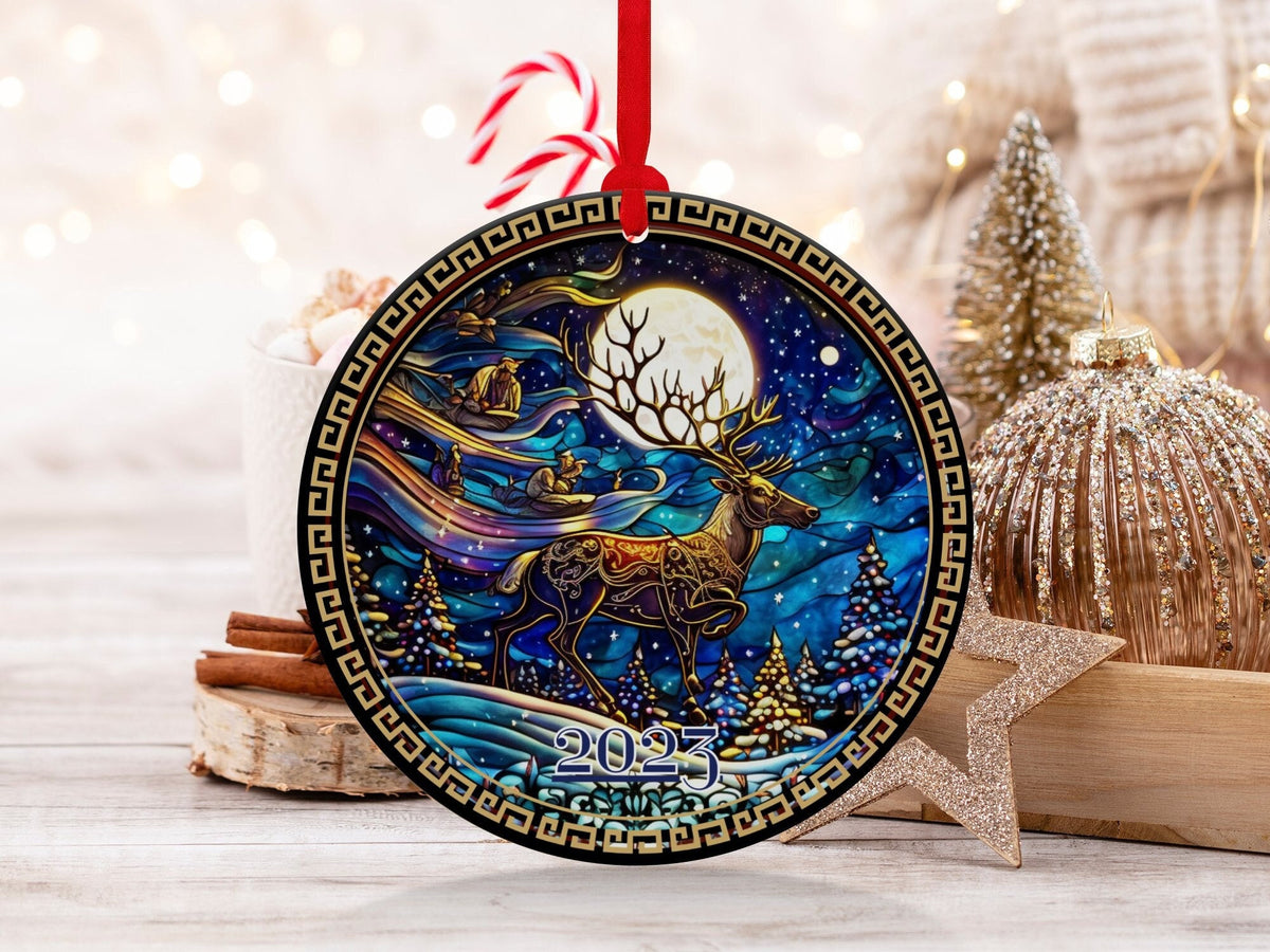 Deer Ornament, Reindeer Ornament, Christmas Decoration, Holiday Gift Idea, 2024 Heirloom Keepsake, Round Ceramic, Bauble Present