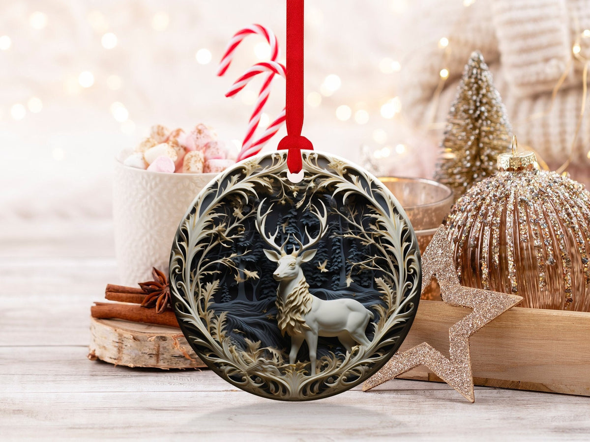 Christmas 2024 Ornament, Christmas Decoration, Holiday Gift Idea, Heirloom Keepsake, Round Ceramic, Gift Exchange, Gift Idea, Deer Ornament