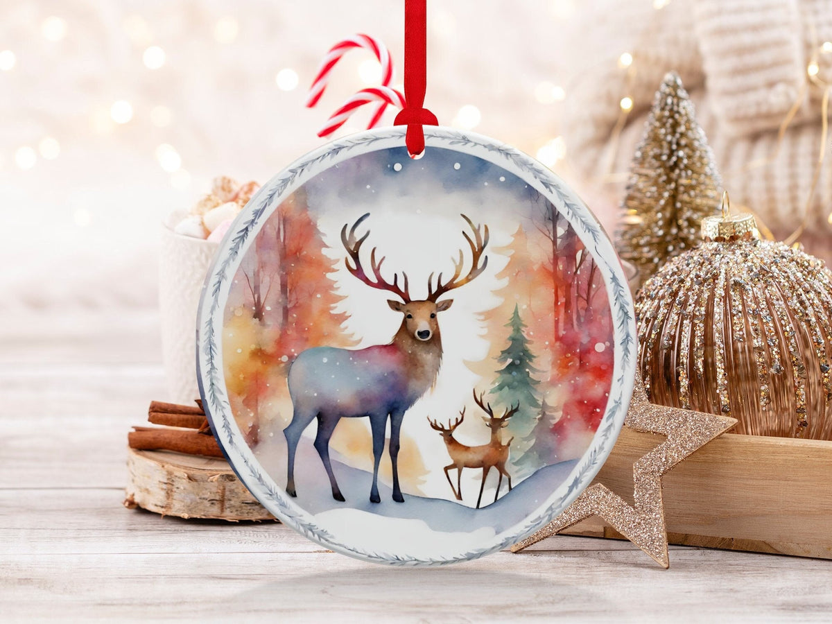Christmas 2024 Ornament, Christmas Decoration, Holiday Gift Idea, Heirloom Keepsake, Round Ceramic, Gift Exchange, Gift Idea, Deer