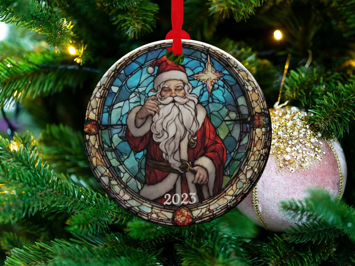 Santa 2024 Ornament, 2024 Christmas Decoration, Holiday Gift Idea, Heirloom Keepsake, Round Ceramic, Bauble Present, Vintage Santa