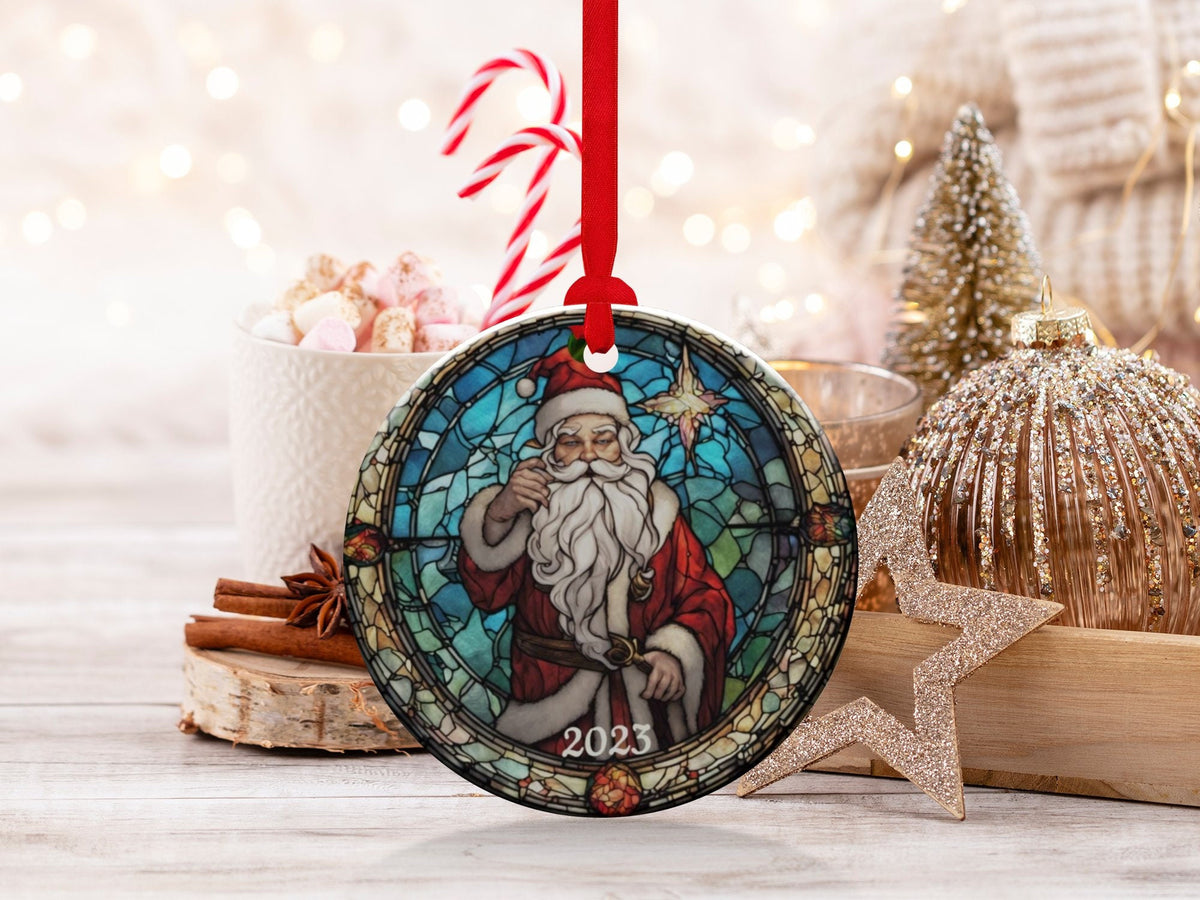 Santa 2024 Ornament, 2024 Christmas Decoration, Holiday Gift Idea, Heirloom Keepsake, Round Ceramic, Bauble Present, Vintage Santa