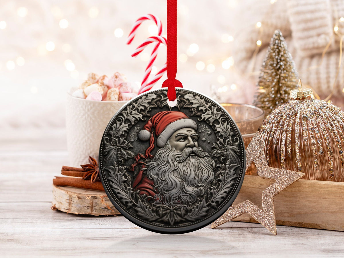 Santa 2024 Ornament, 2024 Christmas Decoration, Holiday Gift Idea, Heirloom Keepsake, Round Ceramic, Bauble Present, Vintage Santa