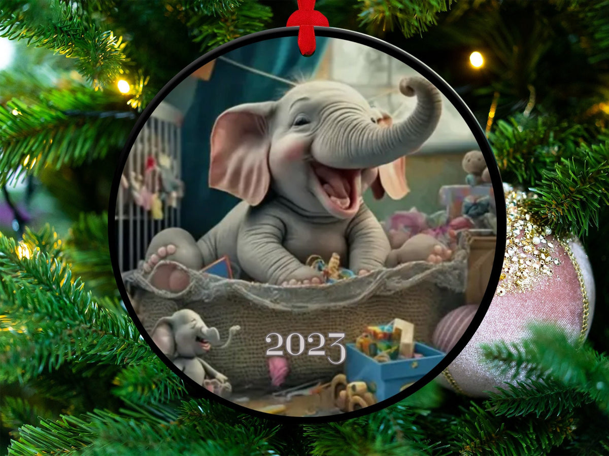 Christmas 2024 Ornament, Christmas Decoration, Holiday Gift Idea, Heirloom Keepsake, Round Ceramic, Gift Exchange, Gift Idea, Elephant