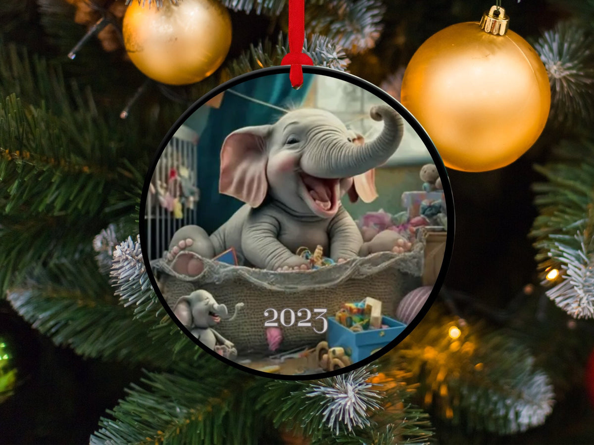 Christmas 2024 Ornament, Christmas Decoration, Holiday Gift Idea, Heirloom Keepsake, Round Ceramic, Gift Exchange, Gift Idea, Elephant