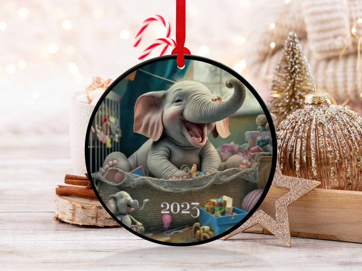 Christmas 2024 Ornament, Christmas Decoration, Holiday Gift Idea, Heirloom Keepsake, Round Ceramic, Gift Exchange, Gift Idea, Elephant
