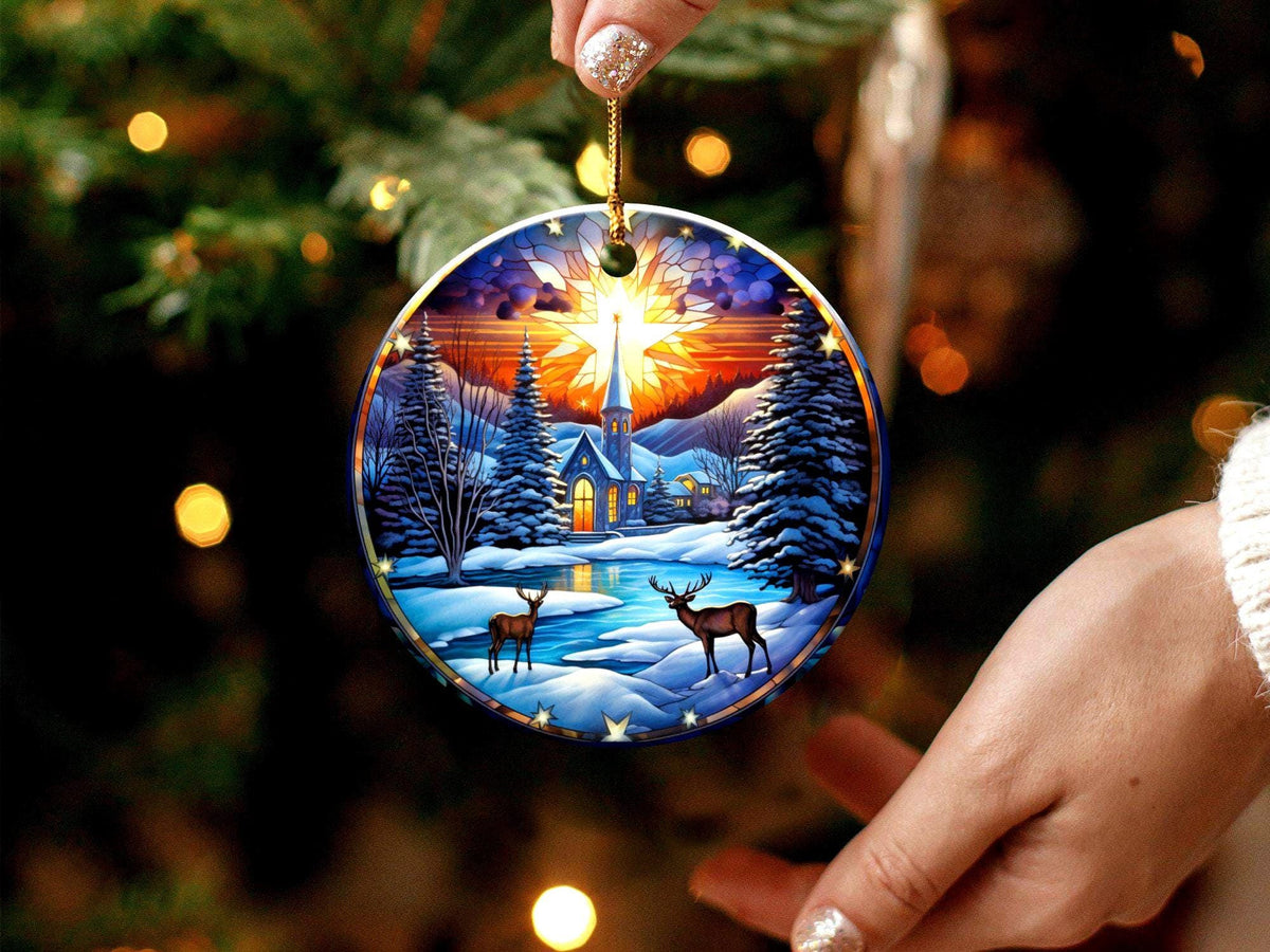 Christmas Ornament, Winter Wonderland Scene, Holiday Church Decoration, Snowy Landscape With Deer, Festive Tree Ornament, Gift Exchange