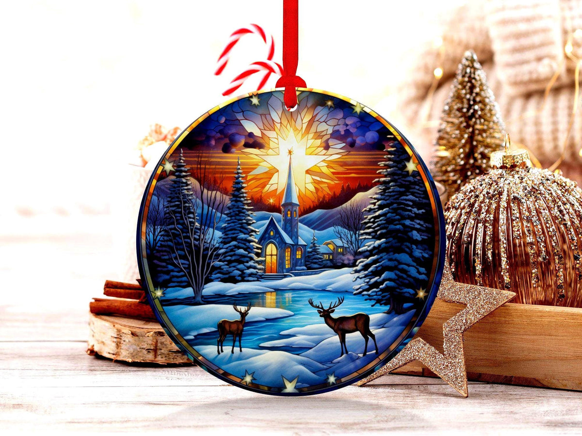 Christmas Ornament, Winter Wonderland Scene, Holiday Church Decoration, Snowy Landscape With Deer, Festive Tree Ornament, Gift Exchange