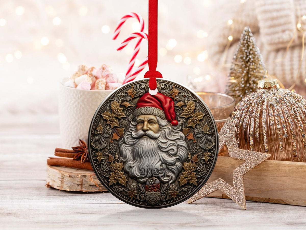 Santa 2024 Ornament, 2024 Christmas Decoration, Holiday Gift Idea, Heirloom Keepsake, Round Ceramic, Bauble Present, Vintage Santa