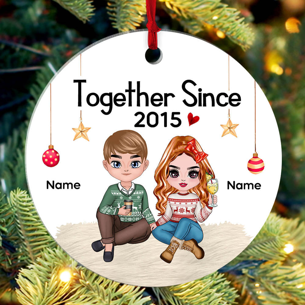 Custom Couple Ornament Doll Couple Sitting Christmas Gift For Him For Her Personalized Circle Ornament