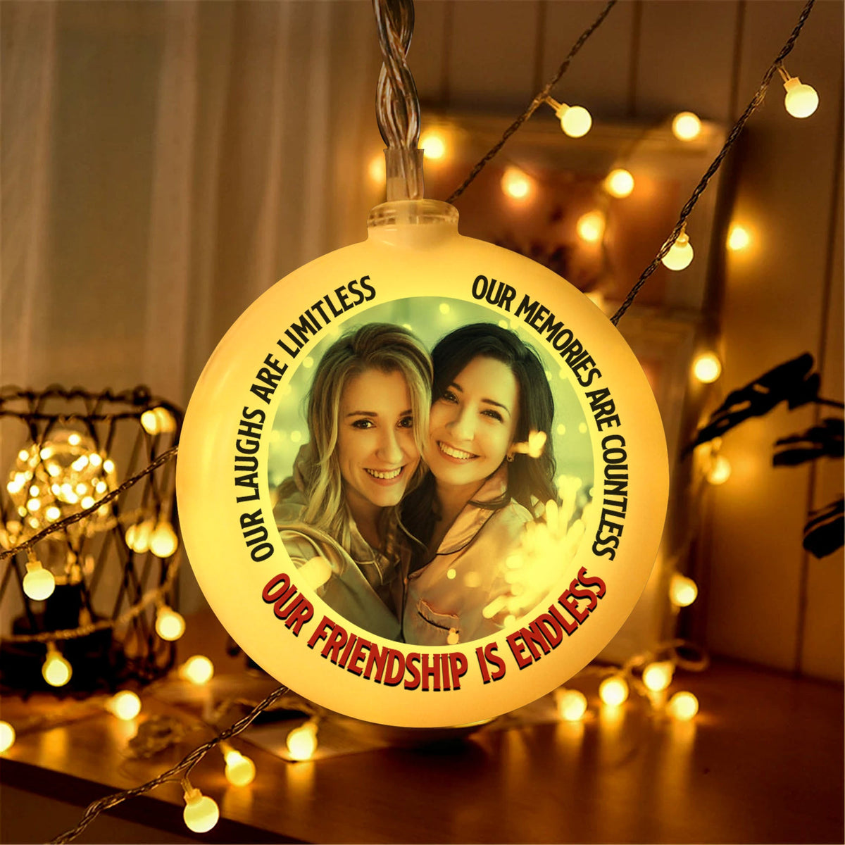 Our Friendship Is Endless -Personalized Photo Round Plastic Led String Light Ornament