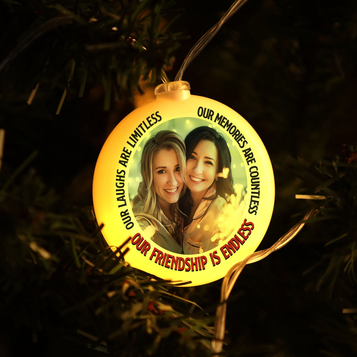 Our Friendship Is Endless -Personalized Photo Round Plastic Led String Light Ornament