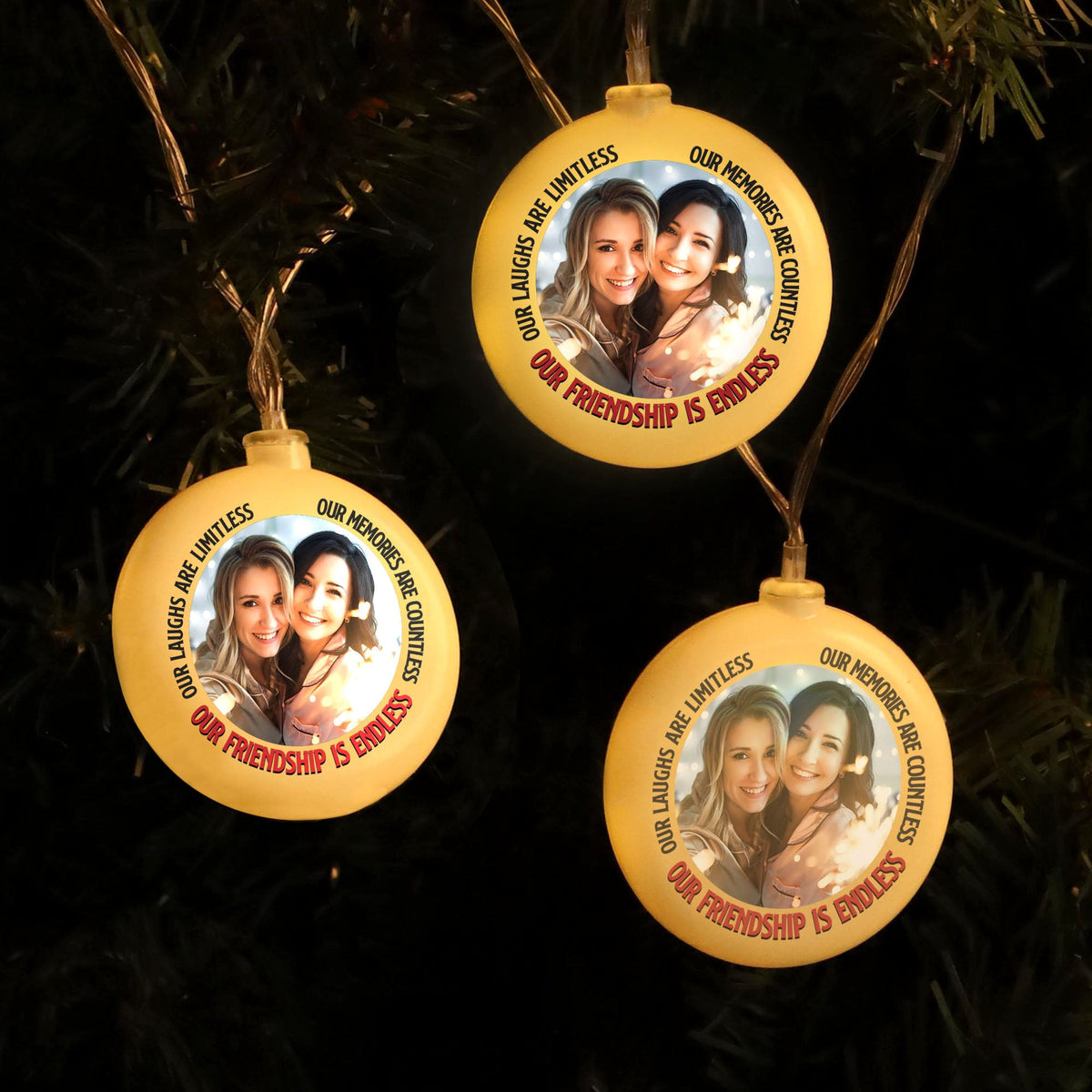 Our Friendship Is Endless -Personalized Photo Round Plastic Led String Light Ornament