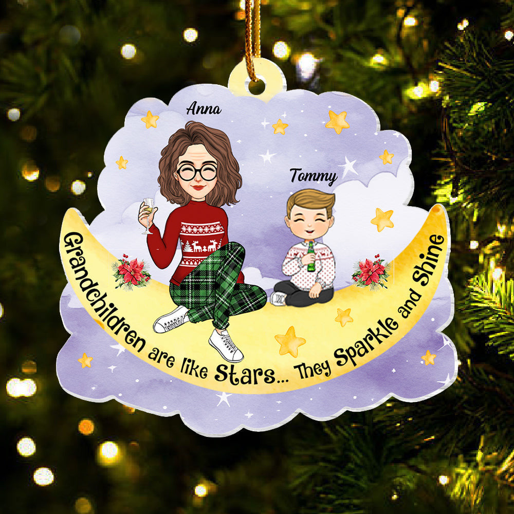 Grandma And Grandkids Cute Moon Cloud - Personalized Acrylic Ornament