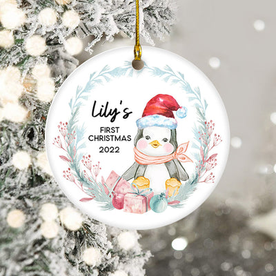Personalized First Christmas Ornament - Custom Baby Penguin New Baby First Christmas Ornament