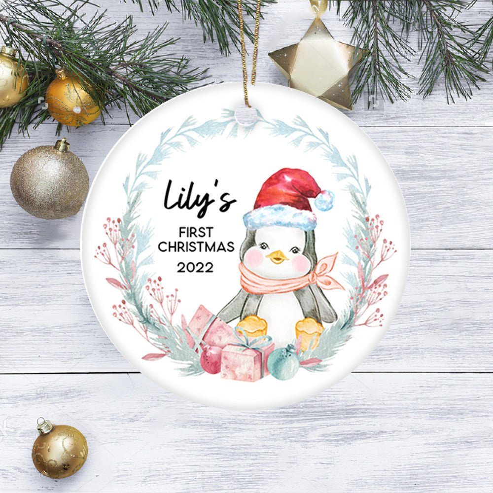 Personalized First Christmas Ornament - Custom Baby Penguin New Baby First Christmas Ornament