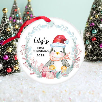 Personalized First Christmas Ornament - Custom Baby Penguin New Baby First Christmas Ornament