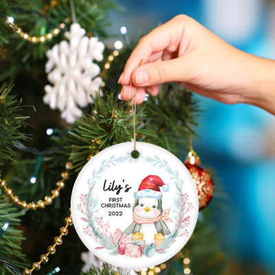 Personalized First Christmas Ornament - Custom Baby Penguin New Baby First Christmas Ornament