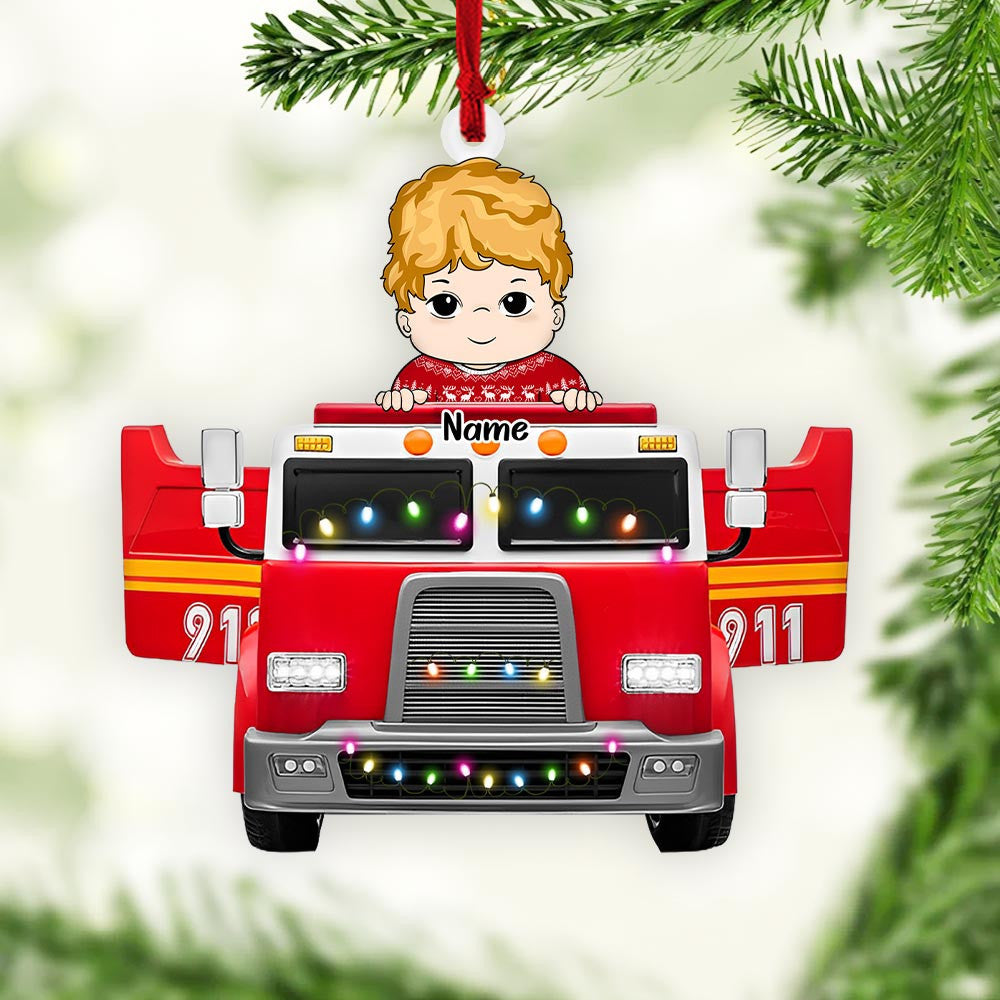 Personalized Ornament For Kids Gift For Your Son Your Daughter - Kids On Fire Truck Ornament