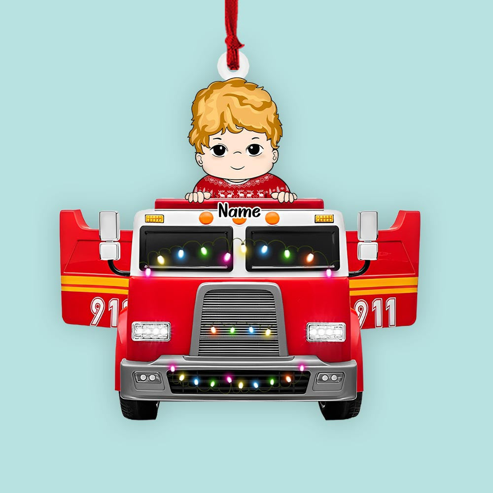 Personalized Ornament For Kids Gift For Your Son Your Daughter - Kids On Fire Truck Ornament