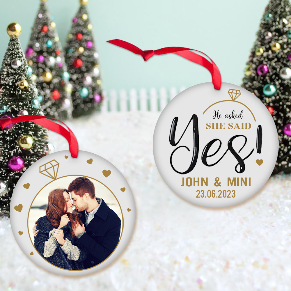 Engagement Photo Ornament - He Asked, She Said Yes - Unique Wedding & Anniversary Gifts