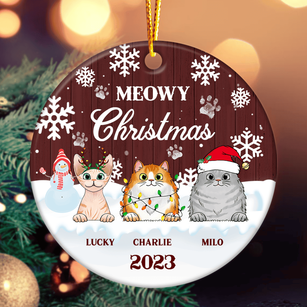 Meowy Christmas - Christmas Gift For Cat Lovers - Personalized Custom Circle Ceramic Ornament Ceramic
