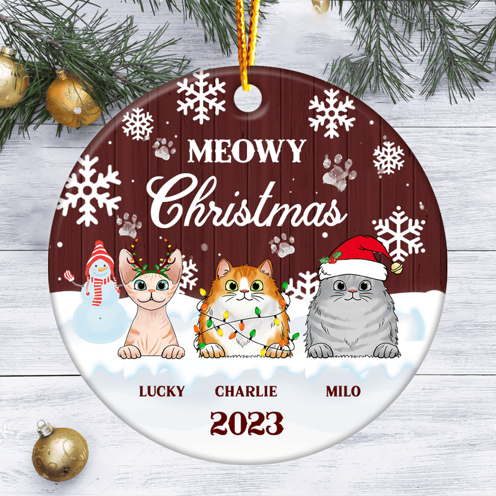Meowy Christmas - Christmas Gift For Cat Lovers - Personalized Custom Circle Ceramic Ornament Ceramic