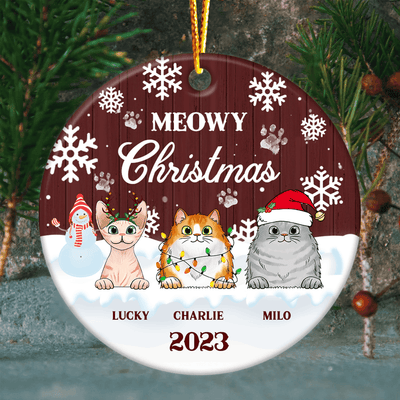 Meowy Christmas - Christmas Gift For Cat Lovers - Personalized Custom Circle Ceramic Ornament Ceramic