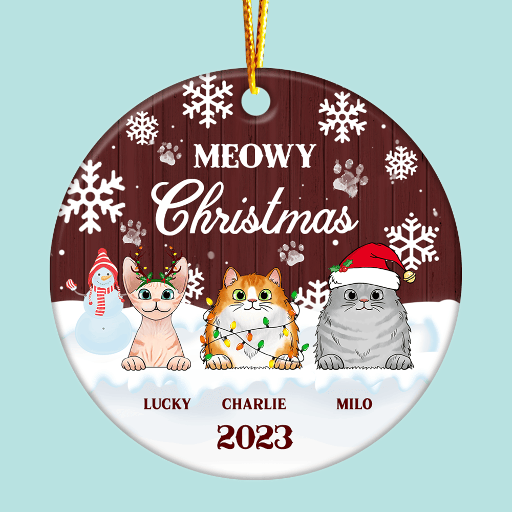 Meowy Christmas - Christmas Gift For Cat Lovers - Personalized Custom Circle Ceramic Ornament Ceramic