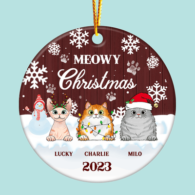 Meowy Christmas - Christmas Gift For Cat Lovers - Personalized Custom Circle Ceramic Ornament Ceramic