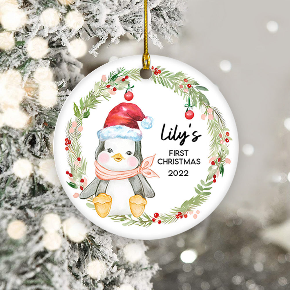 Personalized First Christmas Baby Penguin New Baby First Christmas Circle Ornament