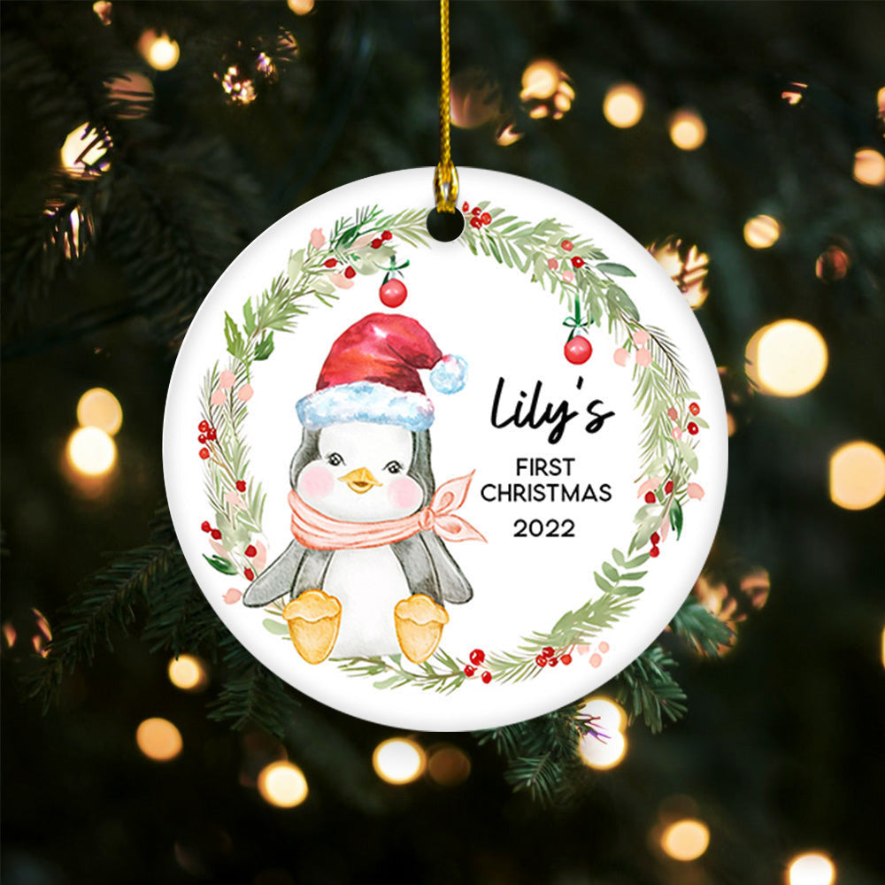 Personalized First Christmas Baby Penguin New Baby First Christmas Circle Ornament
