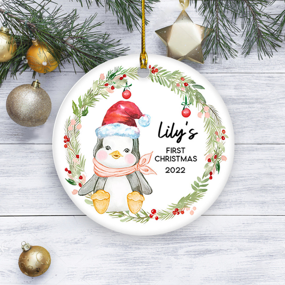 Personalized First Christmas Baby Penguin New Baby First Christmas Circle Ornament