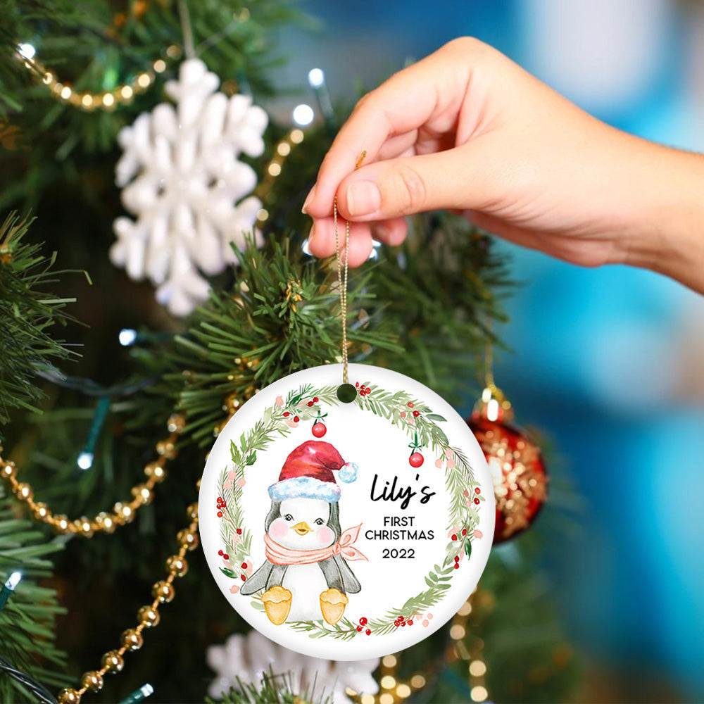Personalized First Christmas Baby Penguin New Baby First Christmas Circle Ornament