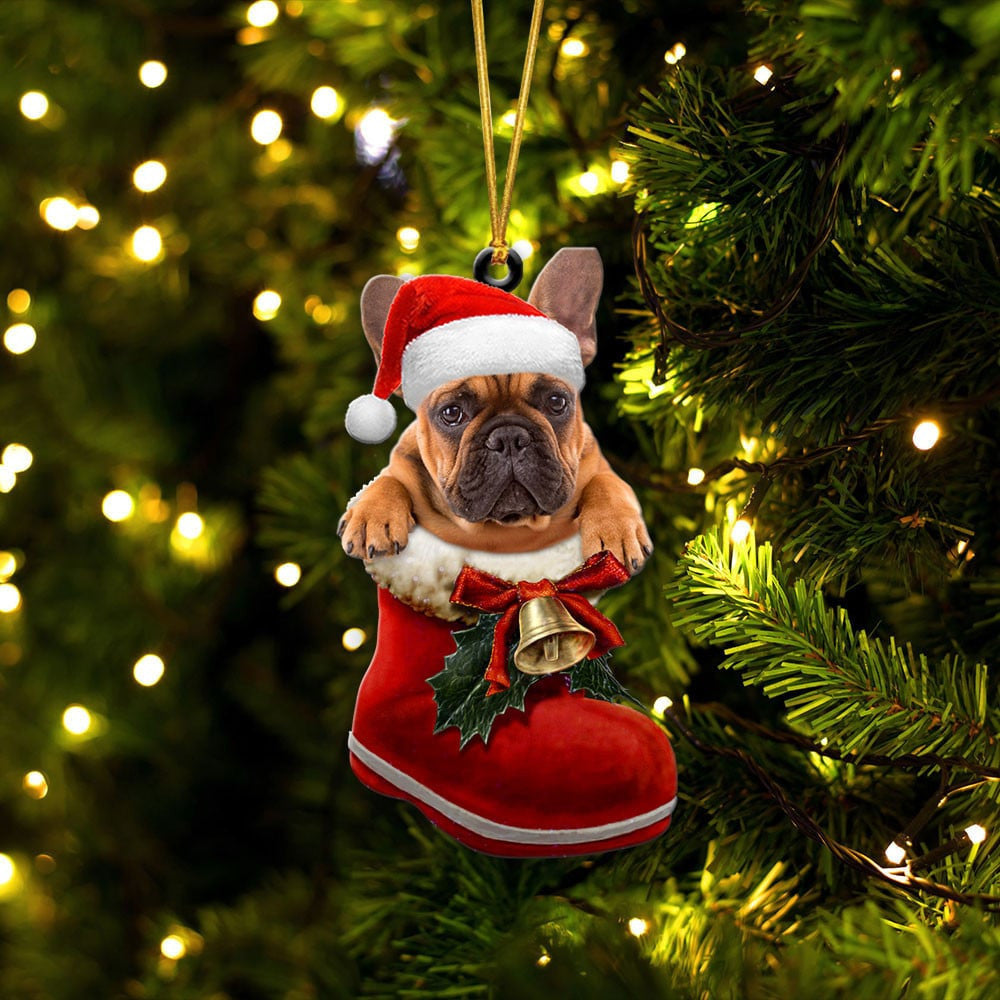 French Bulldog Santa Boot Christmas Ornament - Two Sided, Perfect Gift For Dog Lovers, Holiday Decor For Christmas Tree Or Home, Cute And Festive Canine Decoration.