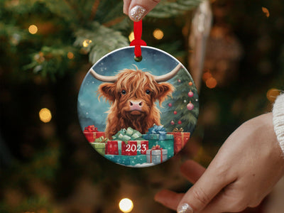 Adorable 2023 Christmas Ornament, Christmas Decoration, Highland Cow, Holiday Gift Idea, Heirloom Keepsake, Round Ceramic, Bauble Present
