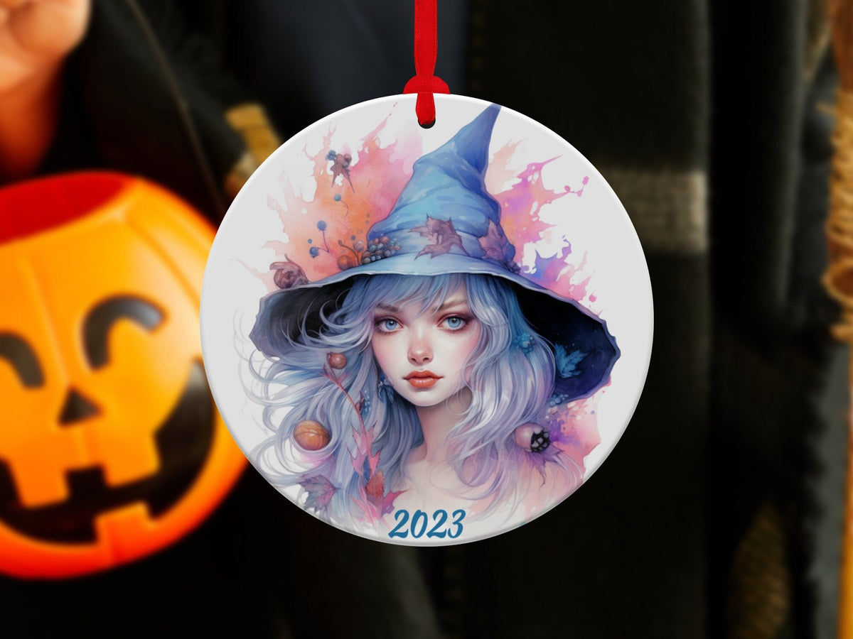 Cute Witch Ornament, Halloween Decoration, Holiday Gift Idea, Heirloom Keepsake, Round Ceramic, Bauble Present