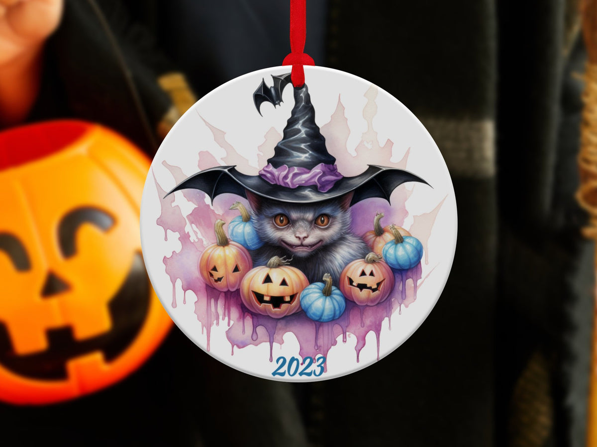 Bat Witch Ornament, Halloween Decoration, Holiday Gift Idea, Heirloom Keepsake, Round Ceramic, Bauble Present
