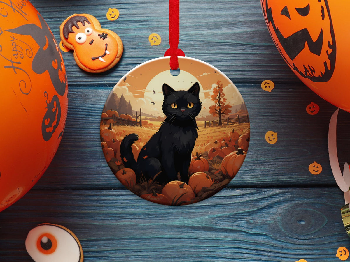 Black Cat Ornament, Halloween Decoration, Holiday Gift Idea, Heirloom Keepsake, Round Ceramic, Bauble Present