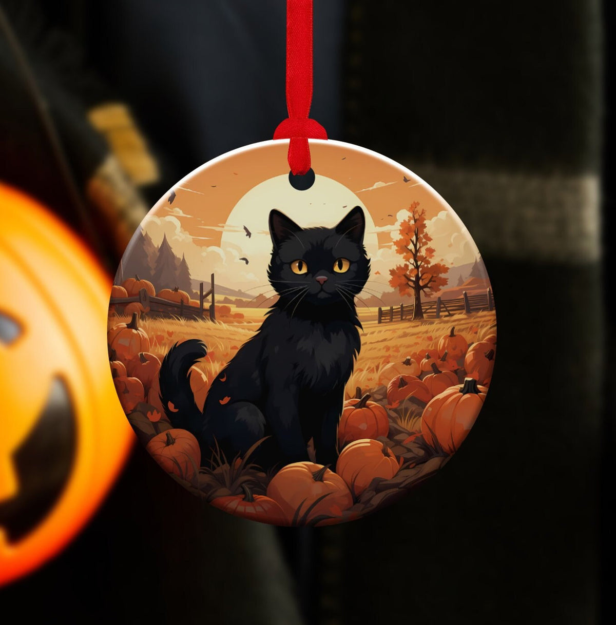 Black Cat Ornament, Halloween Decoration, Holiday Gift Idea, Heirloom Keepsake, Round Ceramic, Bauble Present