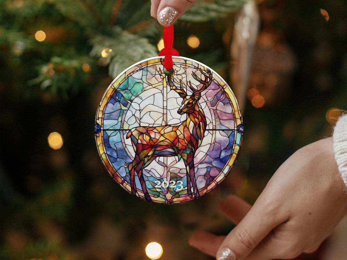 2023 Stag Ornament, Christmas Decoration, Holiday Gift Idea, Heirloom Keepsake, Round Ceramic, Bauble Present