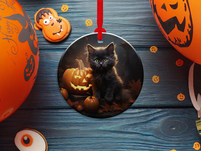 Black Cat Ornament, Halloween Decoration, Holiday Gift Idea, Heirloom Keepsake, Round Ceramic, Bauble Present