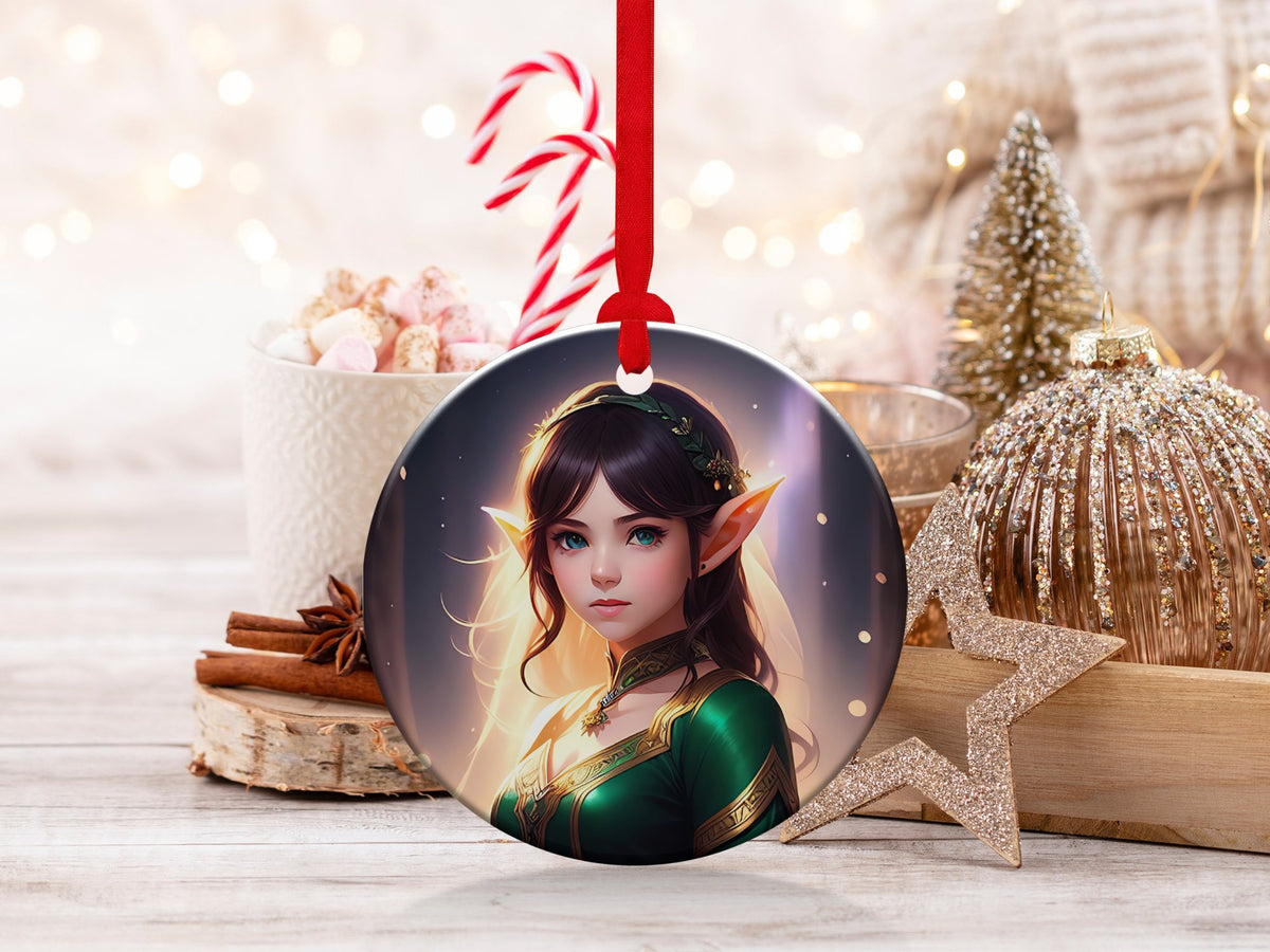 Elf Girl Ornament, Christmas Decoration, Holiday Gift Idea, Heirloom Keepsake, Round Ceramic, Bauble Present