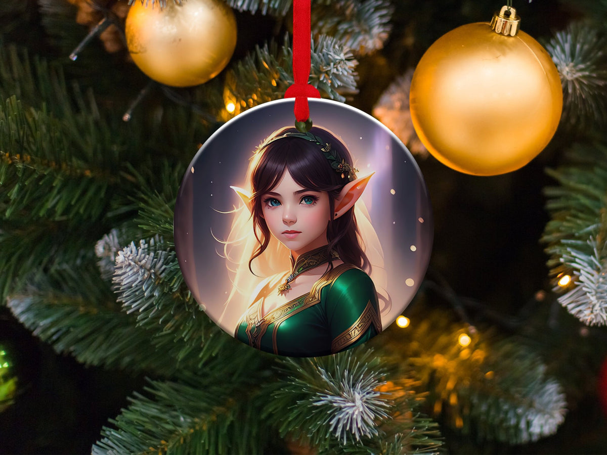 Elf Girl Ornament, Christmas Decoration, Holiday Gift Idea, Heirloom Keepsake, Round Ceramic, Bauble Present