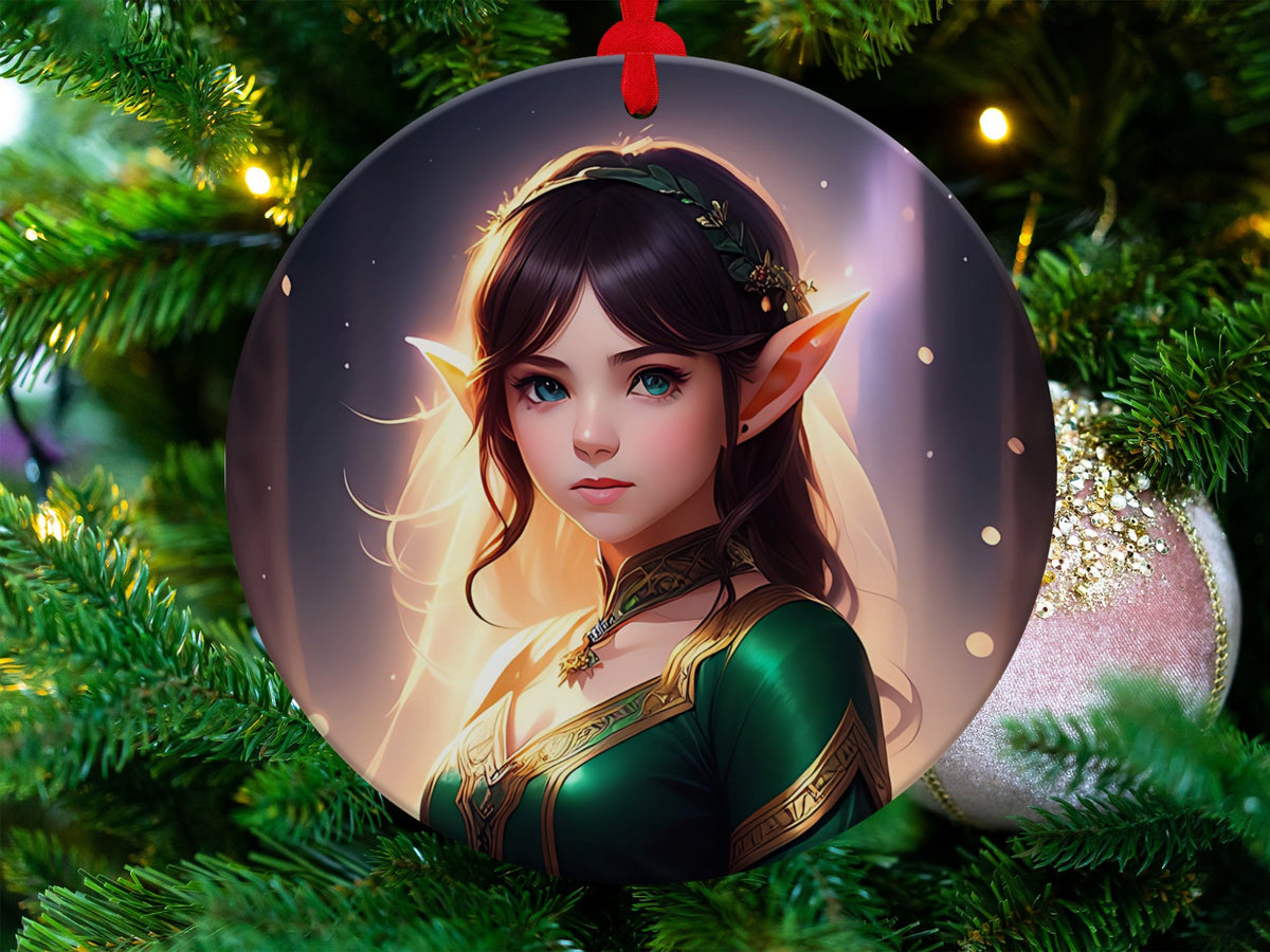 Elf Girl Ornament, Christmas Decoration, Holiday Gift Idea, Heirloom Keepsake, Round Ceramic, Bauble Present