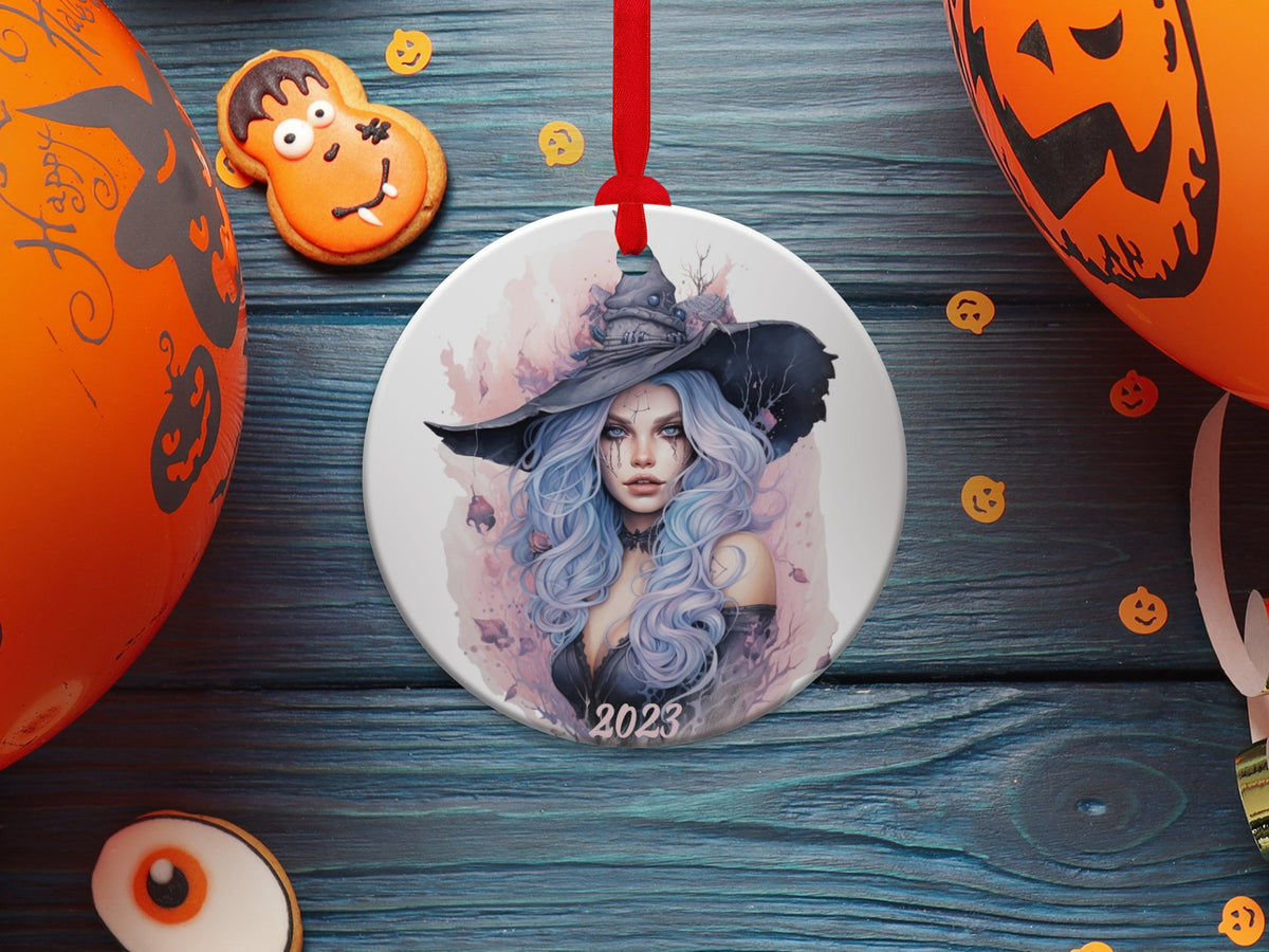 Witch Girl Ornament, Halloween Decoration, Holiday Gift Idea, Heirloom Keepsake, Round Ceramic, Bauble Present