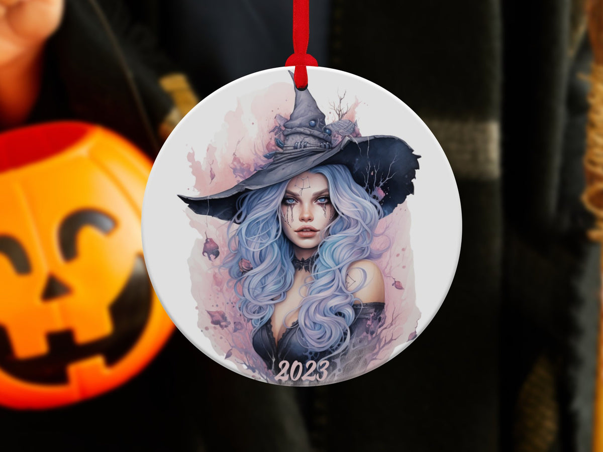 Witch Girl Ornament, Halloween Decoration, Holiday Gift Idea, Heirloom Keepsake, Round Ceramic, Bauble Present